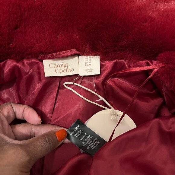 Camila Coelho Faux Fur Coat Burgundy Deep Red Size: Medium - Picture 7 of 12